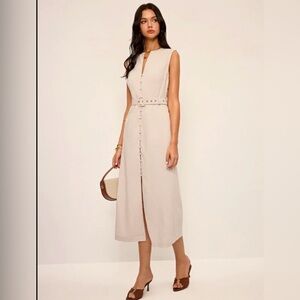 Commense - Cotton & Linen Blend V-Neck Belted Midi Dress - Size Large